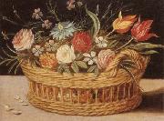 unknow artist Still life of roses,tulips,chyrsanthemums and cornflowers,in a wicker basket,upon a ledge painting